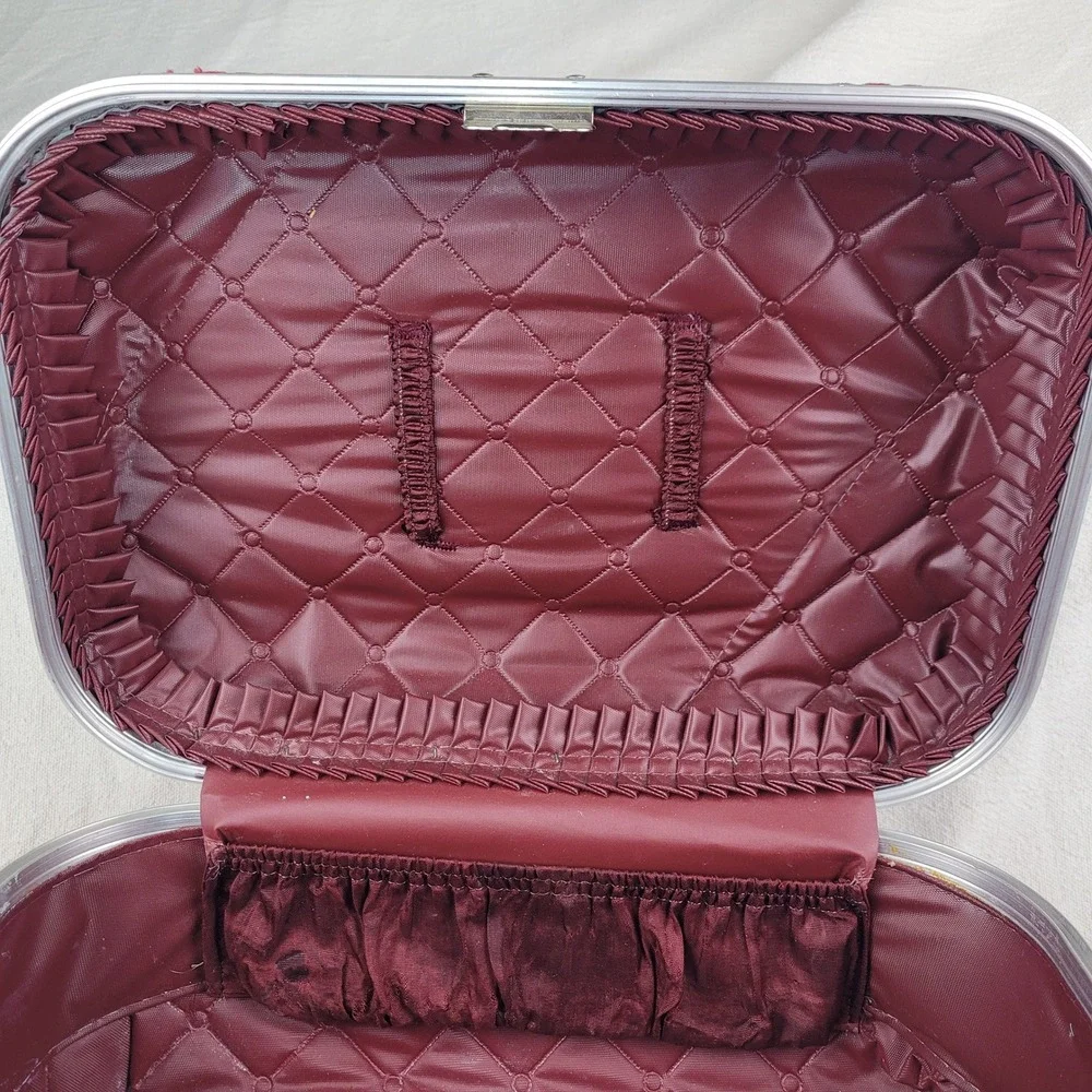 Vintage Burgundy Faux Leather Train Case Vanity Makeup Box Mid Century Travel
